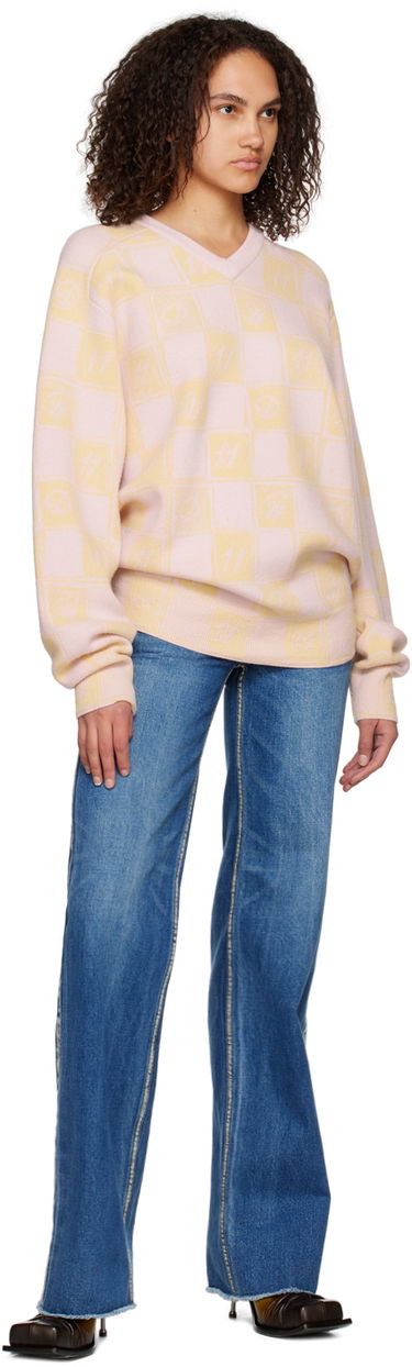 Villapaita We11done We11done Checkerboard V-Neck Sweater Vaaleanpunainen | WD-KT3-22-639-U-YE, 3