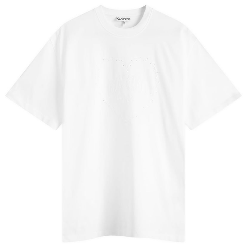 T-paita GANNI GANNI Heart Drop Shoulder T-Shirt, Size Large Valkoinen | T4033-151