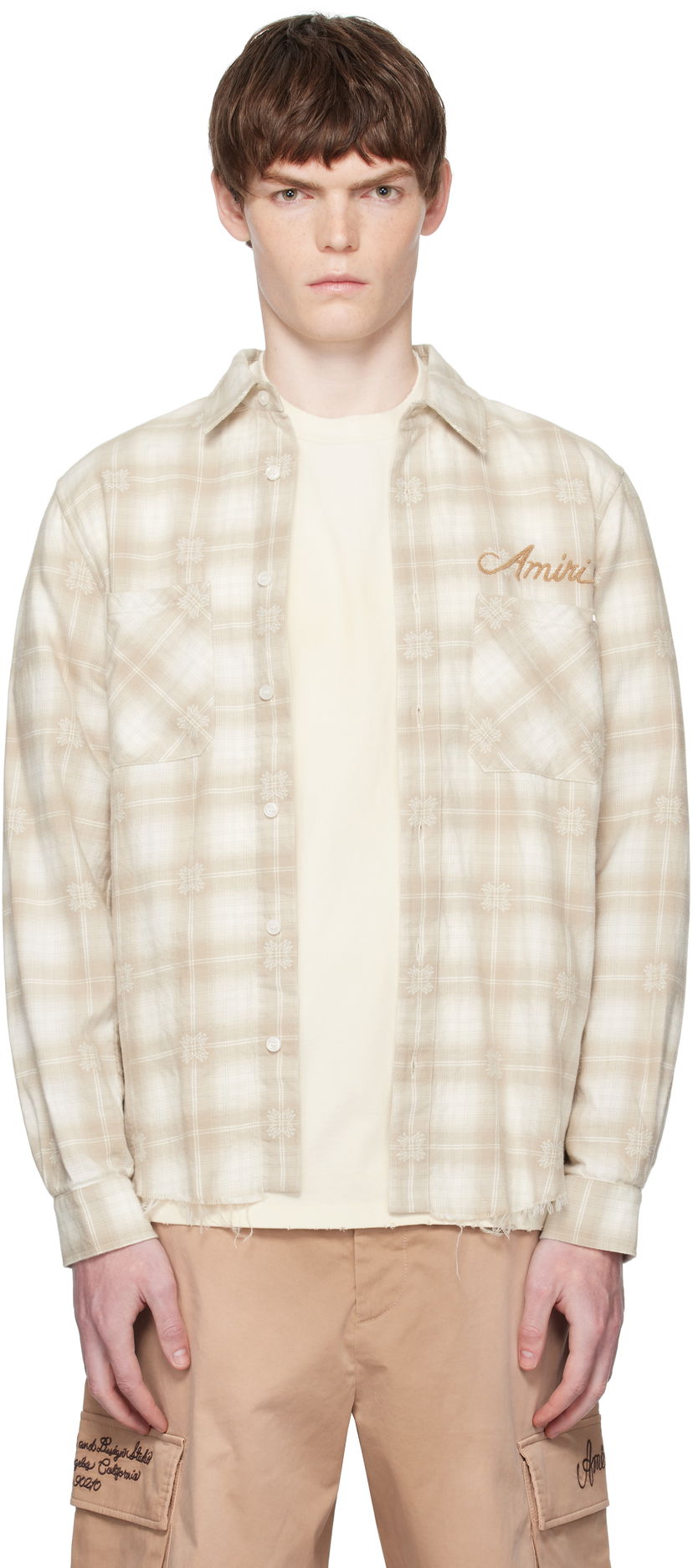 Paita AMIRI Amiri Bleach Bandana Patch Flannel Shirt Beige | AMSTFL1015