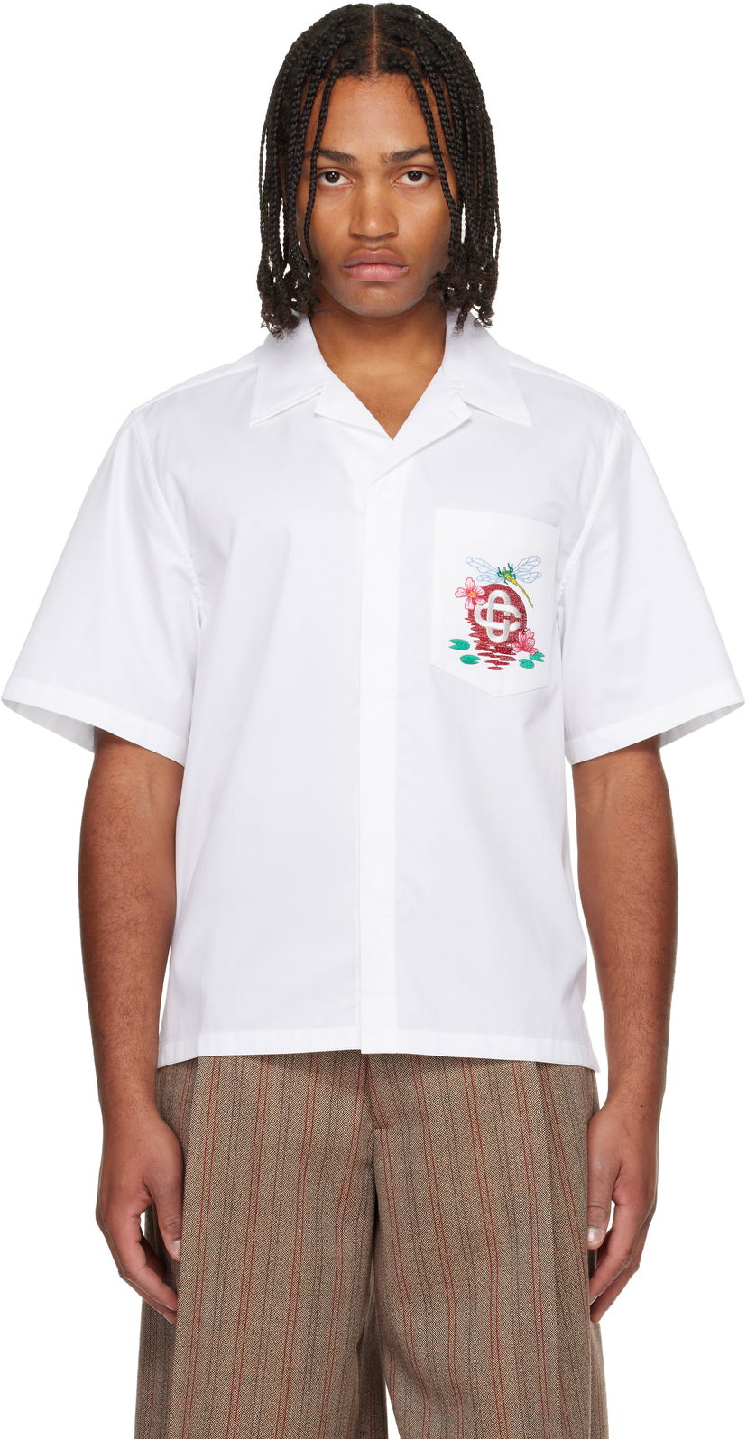 Paita Casablanca Cotton Poplin Dragonfly and Floral Embroidered Short Sleeve Cuban Collar Shirt Valkoinen | M-AW25-SH-209-01