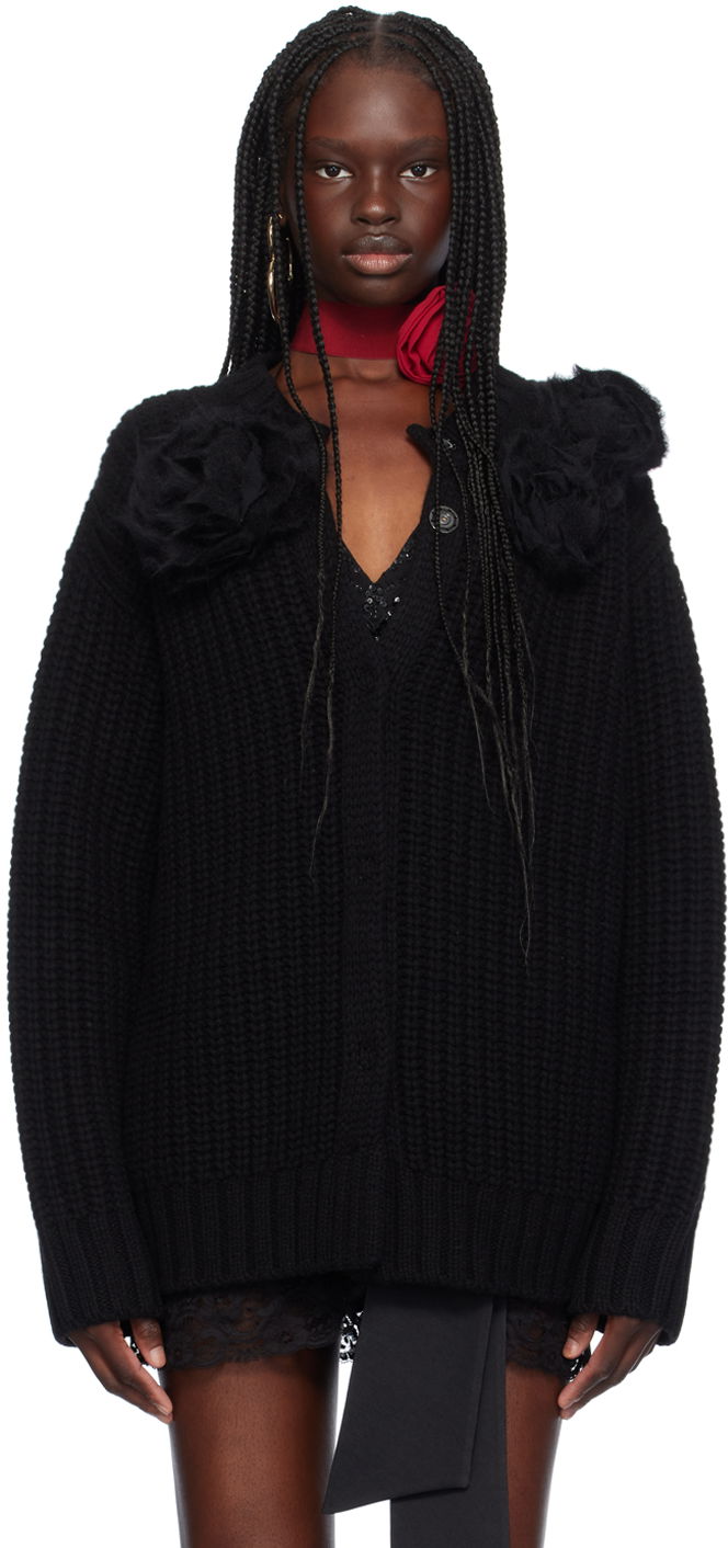 Villapaita Blumarine Floral Appliqué Knit Cardigan Musta | A422B084A