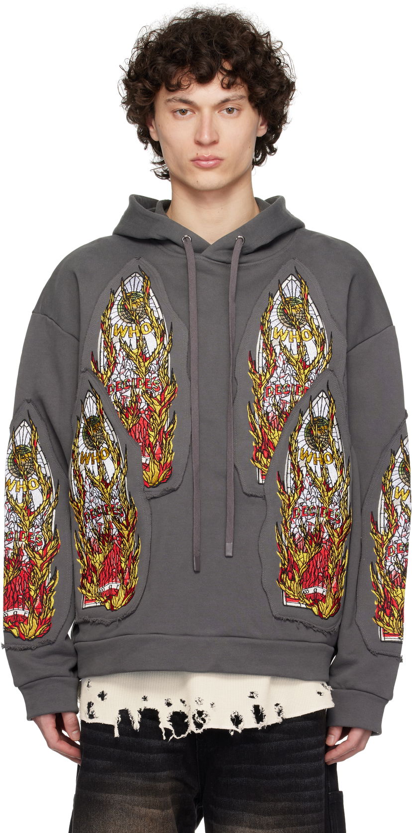 Huppari Who Decides War Who Decides War Flame Glass Embroidered Hoodie Harmaa | 1110210021SS25