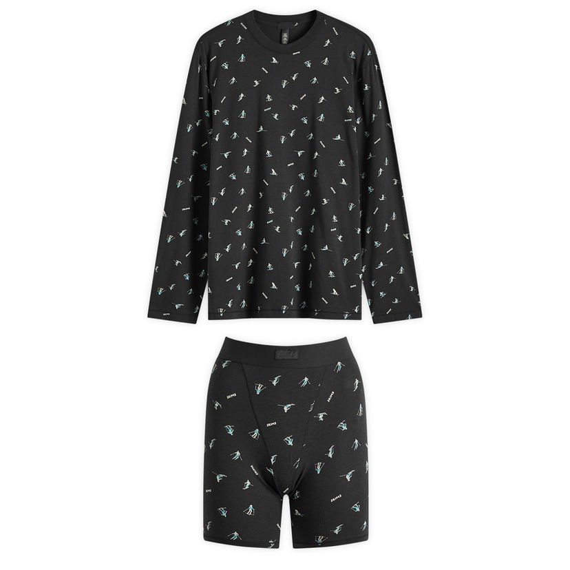 Pyjama SKIMS Boyfriend Long Sleeve T-Shirt and Shorts Sleep Set, Ski Print Musta | ST-SST-4526-ONYXSKIPRINT