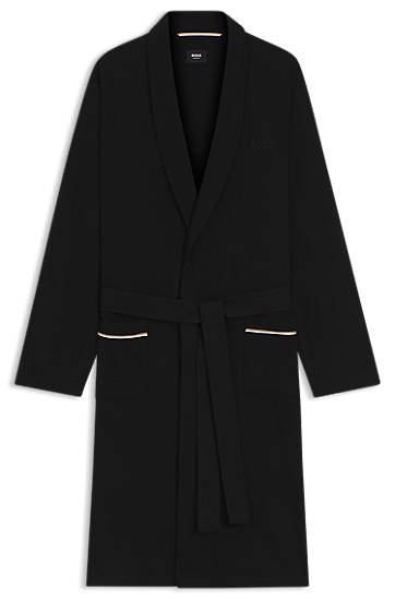 Pyjama BOSS Cotton jersey dressing gown with shawl collar, tie belt, and contrast-piped pockets Musta | 50545943, 0