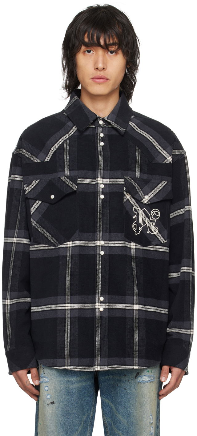 Paita Palm Angels Monogram Check Shirt Musta | PMES023R24FAB0011103