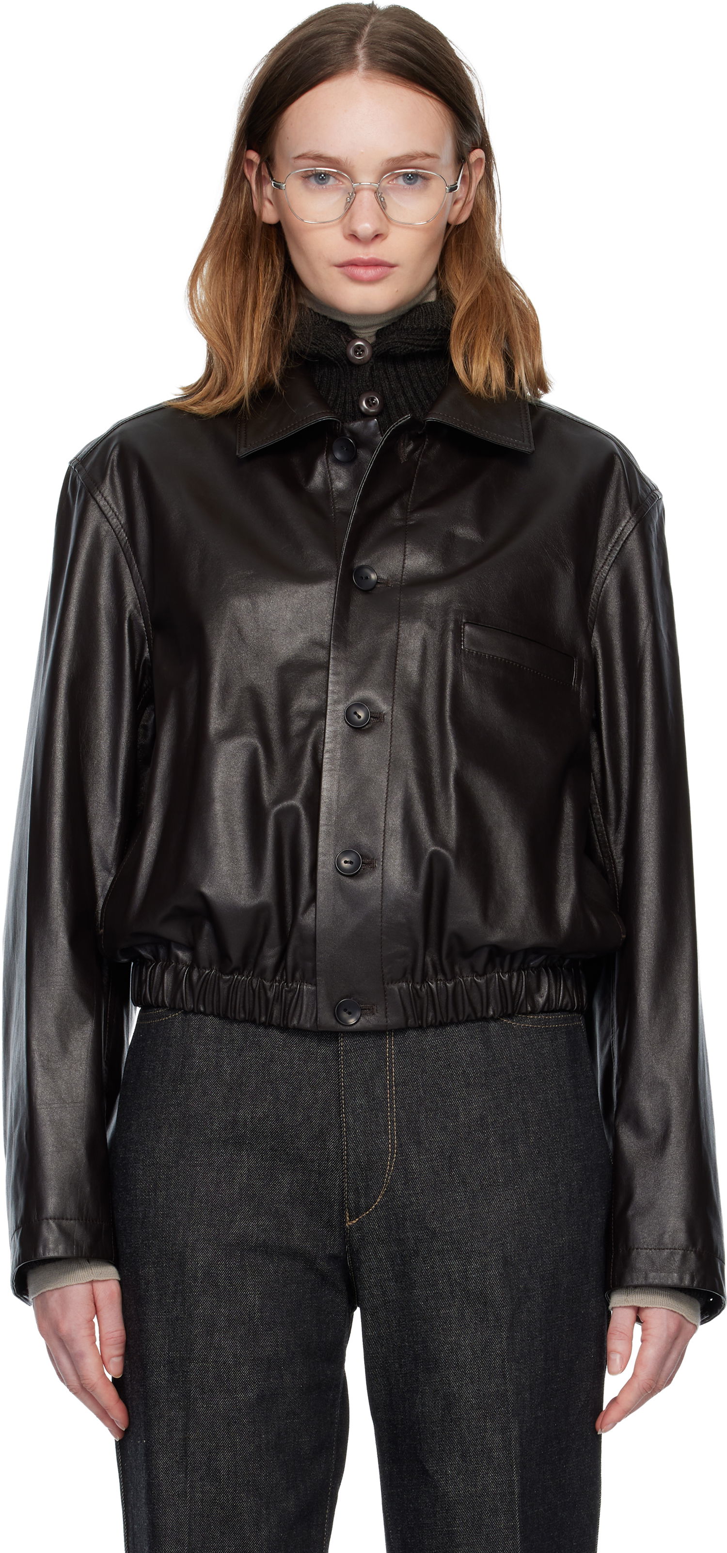 Takki LEMAIRE Soft Leather Collared Blouson Jacket Ruskea | OW1158 LL0146, 0