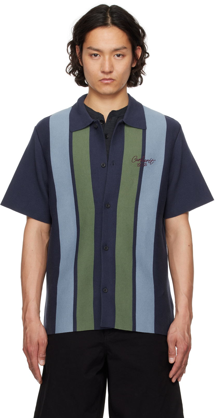 Paita Carhartt WIP Short Sleeve Memory Knit Striped Shirt Tummansininen | I034533