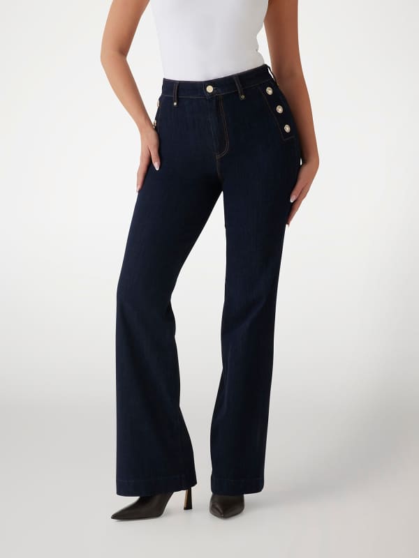 Jeans GUESS Faye High-Waisted Button Detail Wide-Leg Chino Pants Sininen | W5RA0PD5PW1, 0