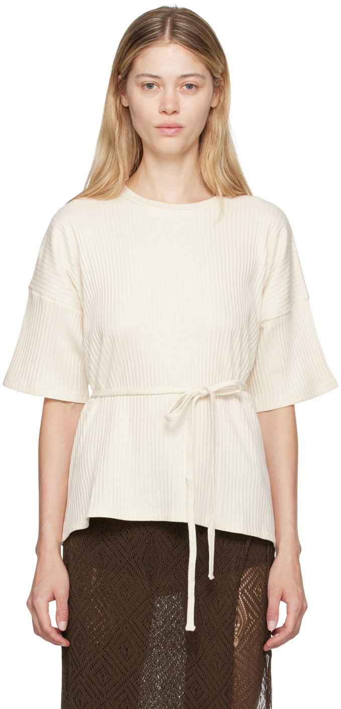 Villapaita Baserange Baserange Shaw Tie-Waist T-Shirt Valkoinen | FSHT-RIB-000
