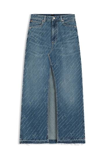 Hame BOSS Long Denim Skirt with Logo Pinstripe and Front Slit Sininen | 50542445