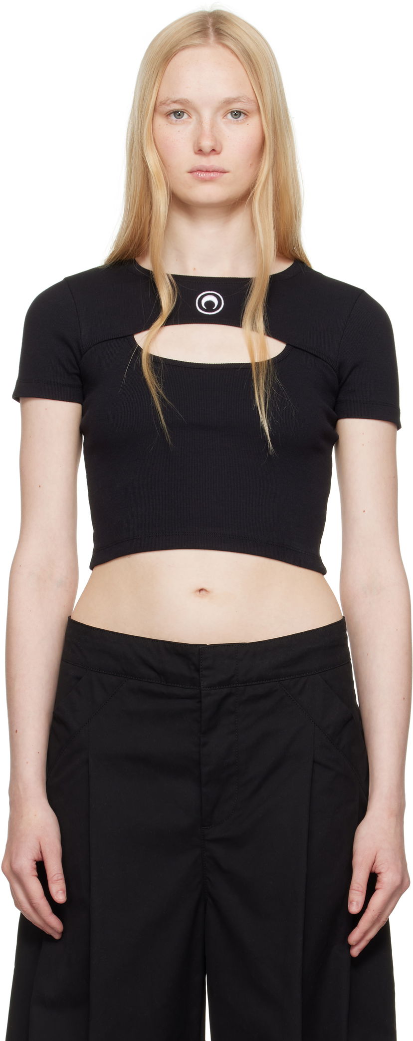 Crop top Marine Serre Marine Serre Moon Logo Cut-Out Ribbed T-Shirt Musta | WTT023A CJER0011