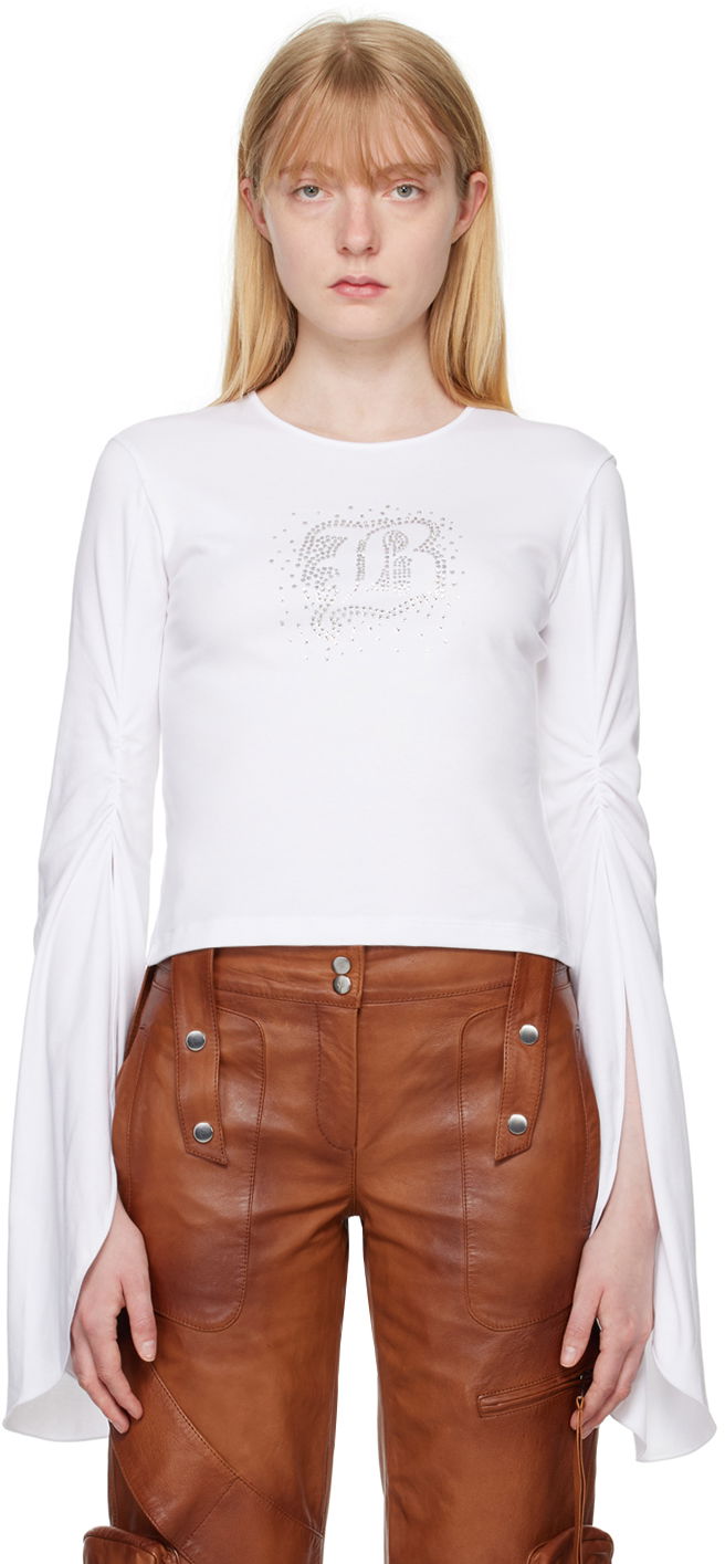 T-paita Blumarine White Crystal-Cut Long Sleeve T-Shirt Valkoinen | P444T034A