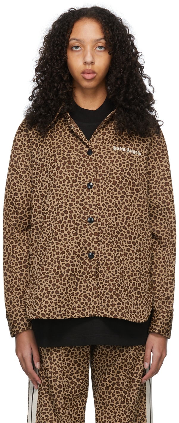 Paita Palm Angels Leopard Print Long Sleeve Shirt Ruskea | PWGA050S22FAB0016010, 0