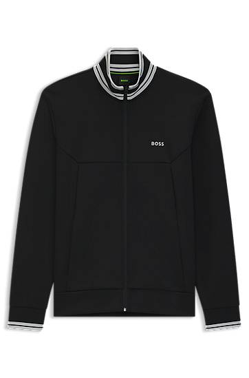 Takki BOSS Zip-Up Sweatshirt with Striped Trims Musta | 50543081