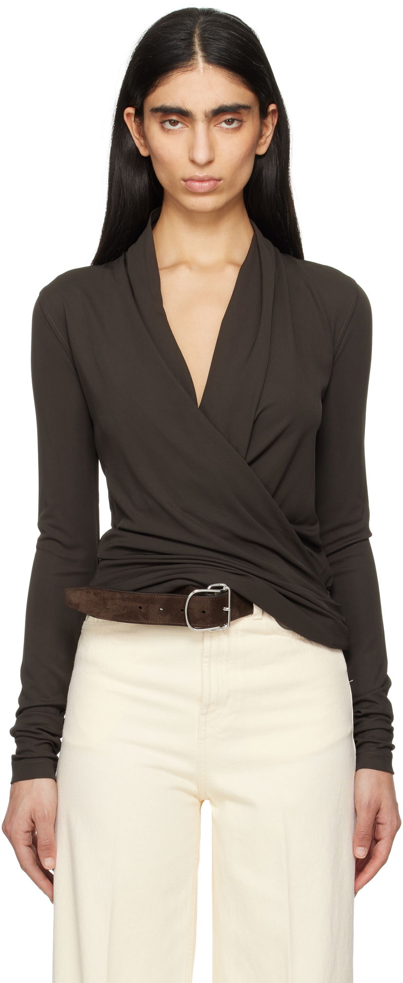 Villapaita TOTEME TOTEME Overlapped Jersey Wrap Top Ruskea | 252-WRT0443-FB0162