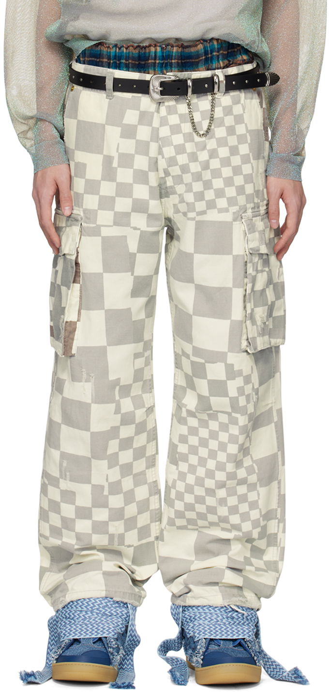 Cargo housut ERL Checkered Print Relaxed Fit Cargo Pants Valkoinen | ERL08P005, 0