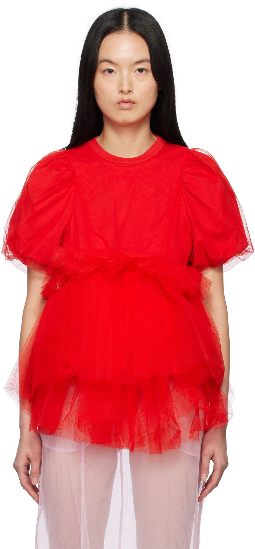 T-paita Simone Rocha Simone Rocha Tulle Overlay Puff Sleeve Tutu Hem T-Shirt Punainen | 5310 0553