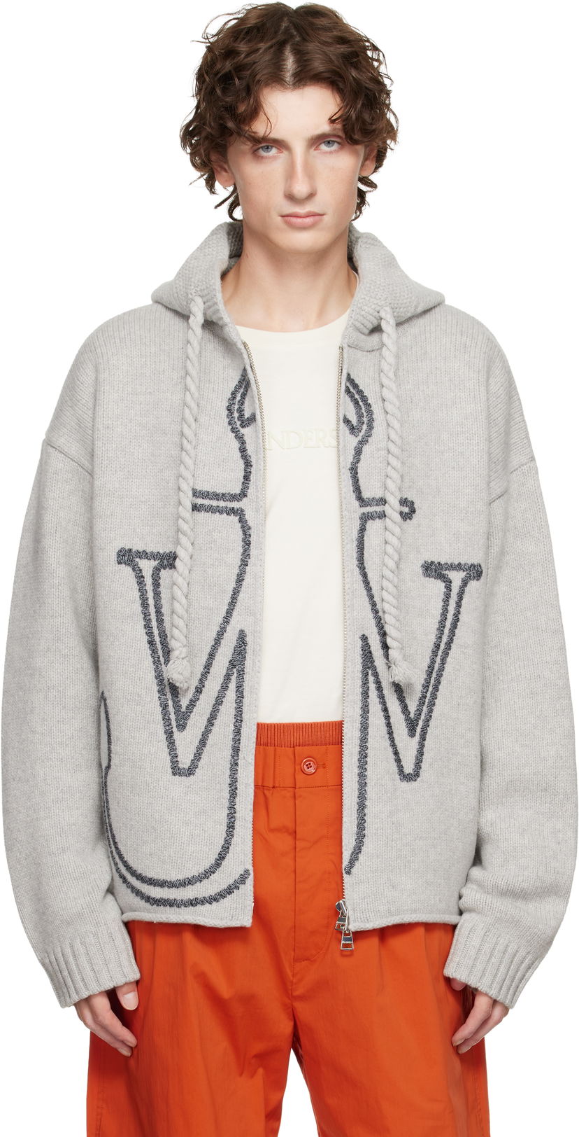 Huppari JW Anderson Anchor Embroidery Zip Hoodie Harmaa | KW1429-YN0412