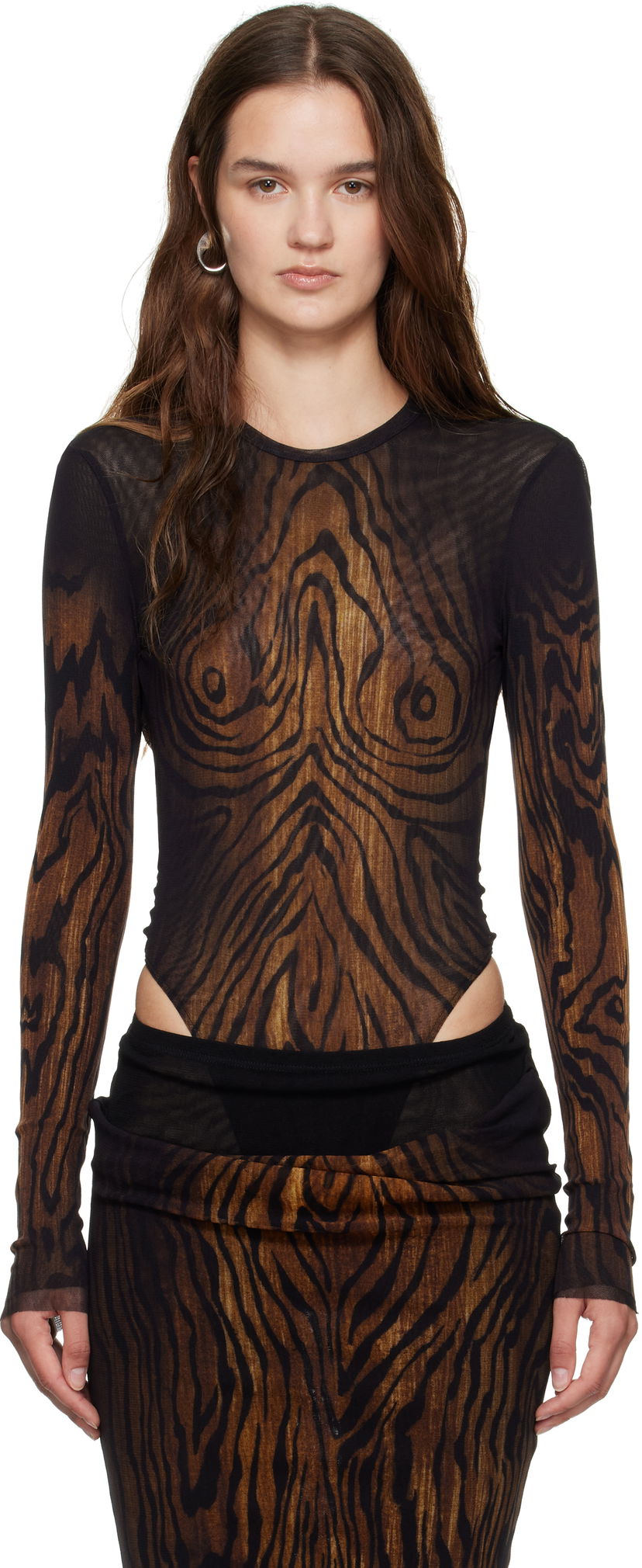 Body Jean Paul Gaultier Jean Paul Gaultier Mesh Double Layer Wood Print Bodysuit Ruskea | 25/03-W-TO314-M002P-0060