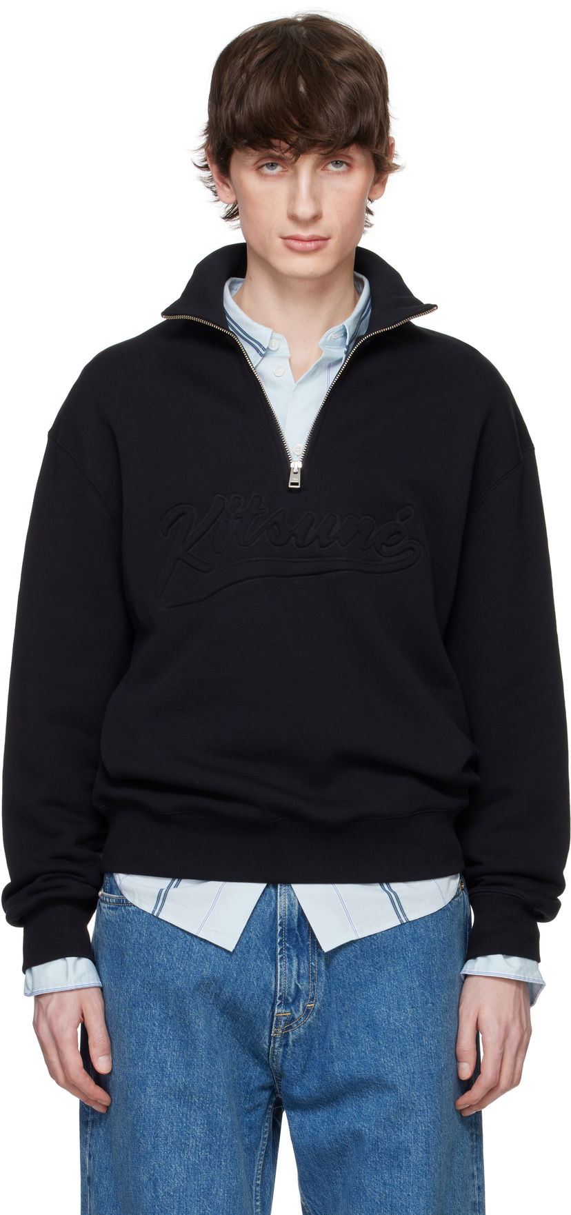 Huppari MAISON KITSUNÉ Maison Kitsuné Varsity Half Zip Sweater Musta | OM00302KM0321