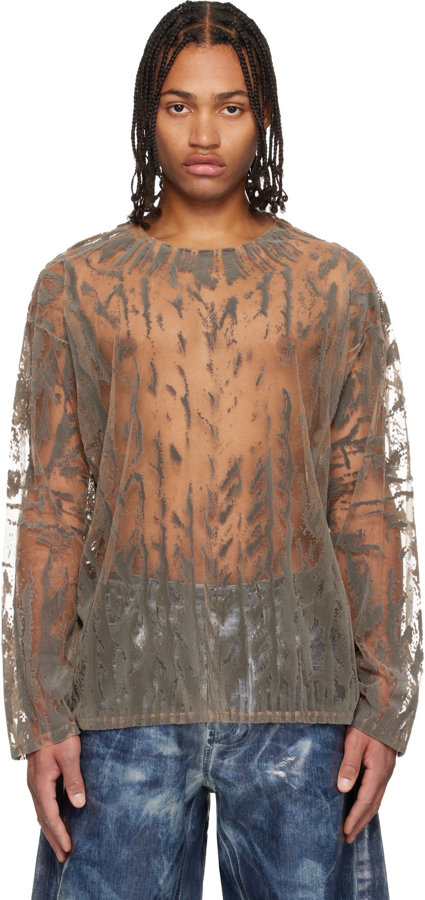 T-paita Diesel Sheer Flocked Long-Sleeve T-shirt T-Taras Harmaa | A21098-0SLCQ-98BA