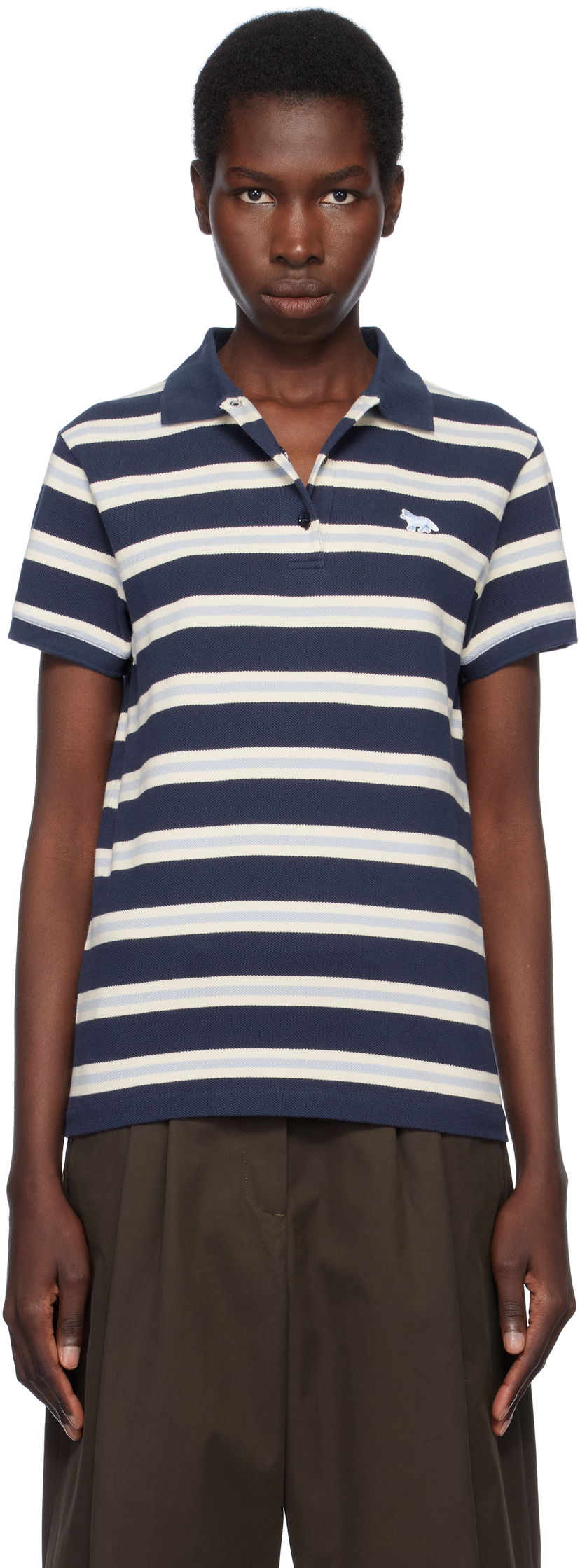 Poolopaita MAISON KITSUNÉ Kitsuné Baby Fox Patch Stripe Polo Tummansininen | OW00205KJ7010