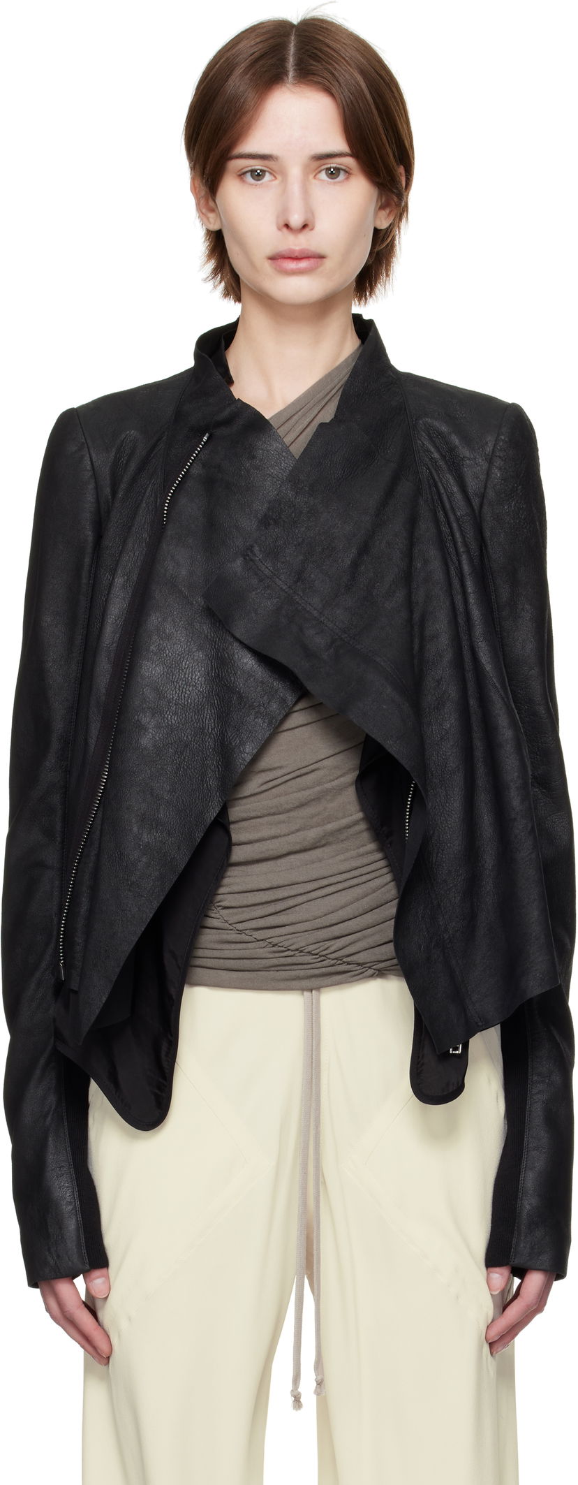 Takki Rick Owens Rick Owens Hollywood Low Neck Biker Leather Jacket Musta | RP01E7702 LBA