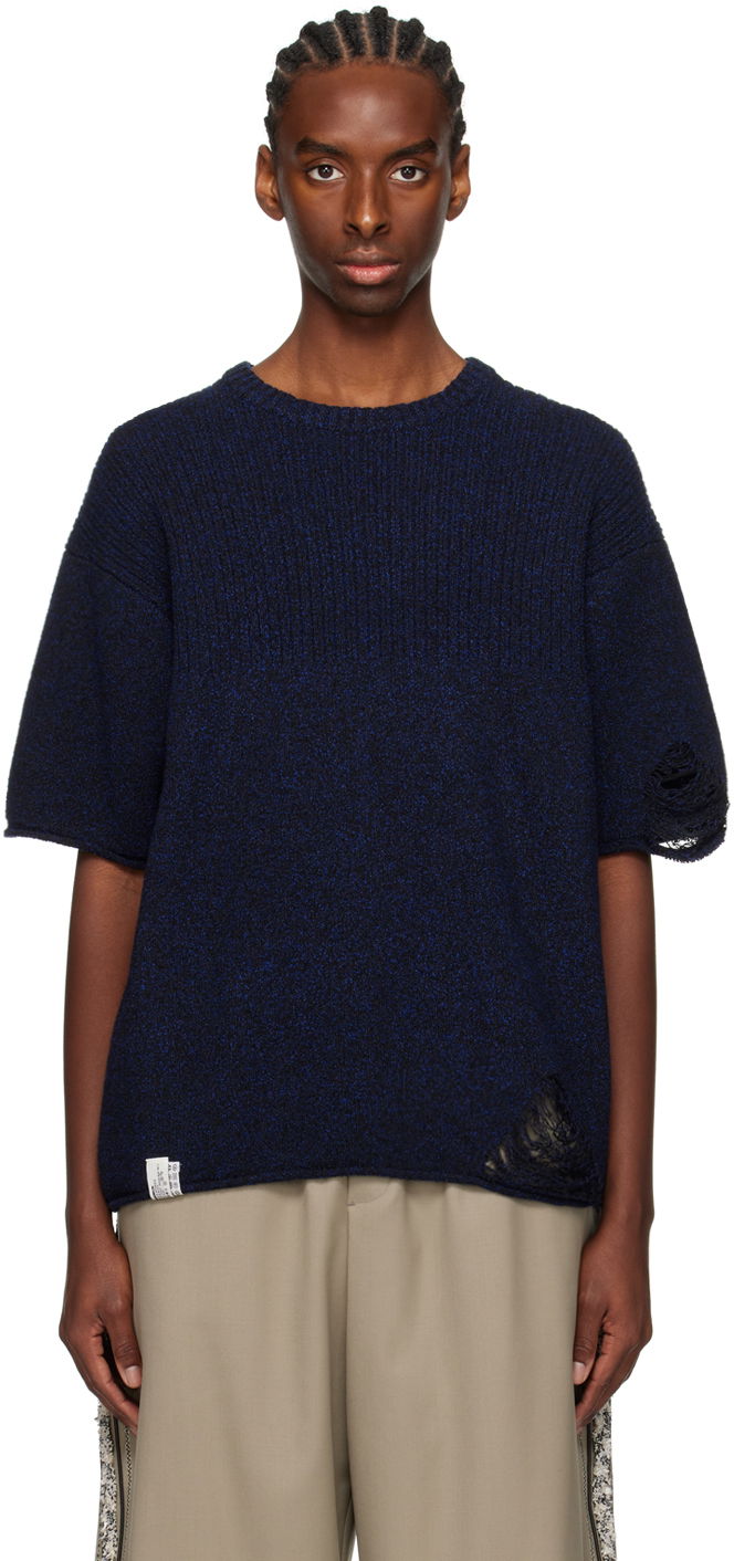 Jersey ADER ERROR Distressed Knit T-Shirt Tummansininen | BN01SSKT0501BK