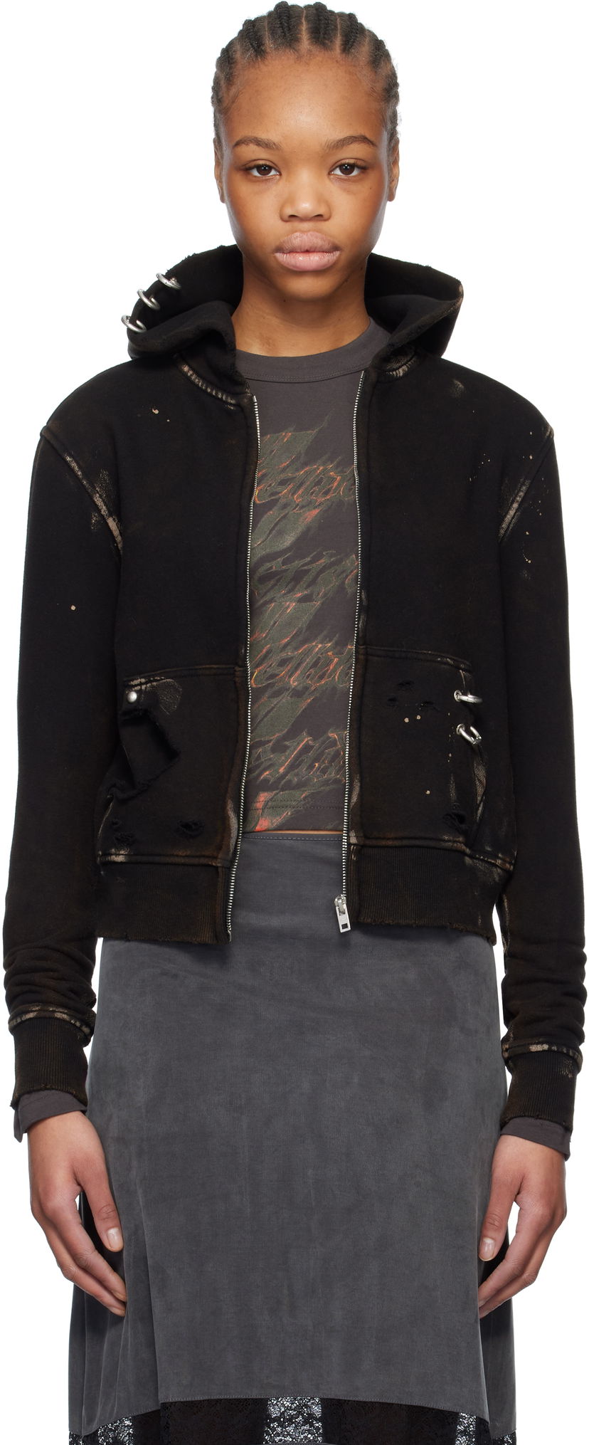 Huppari We11done We11done Pierced Zip-Up Hoodie Musta | WD-TJ0-25-821-U-BK