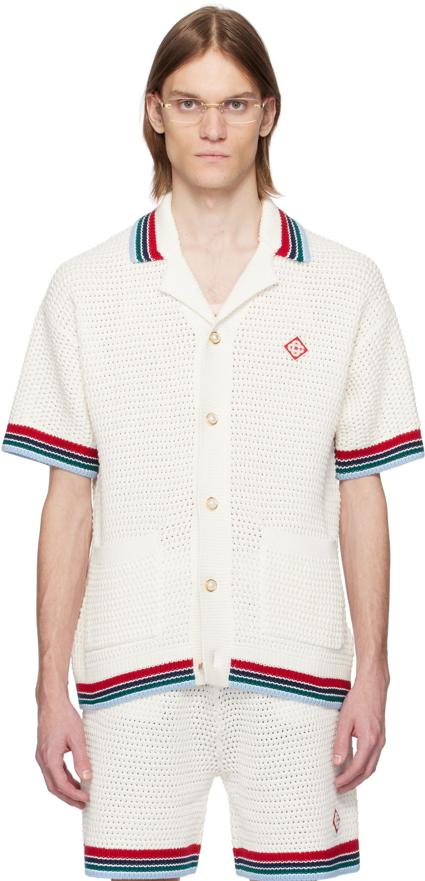 Villapaita Casablanca Casablanca Gothic Crochet Knit Polo Shirt Valkoinen | MS25-KW-920-01