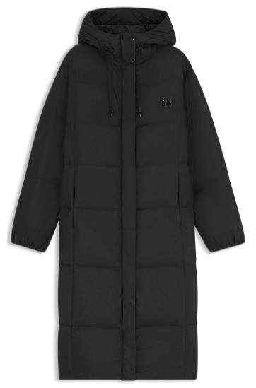 Puffer takki BOSS Long-length hooded down jacket with stacked-logo print Musta | 50546355