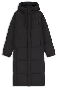 Long-length hooded down jacket with stacked-logo print