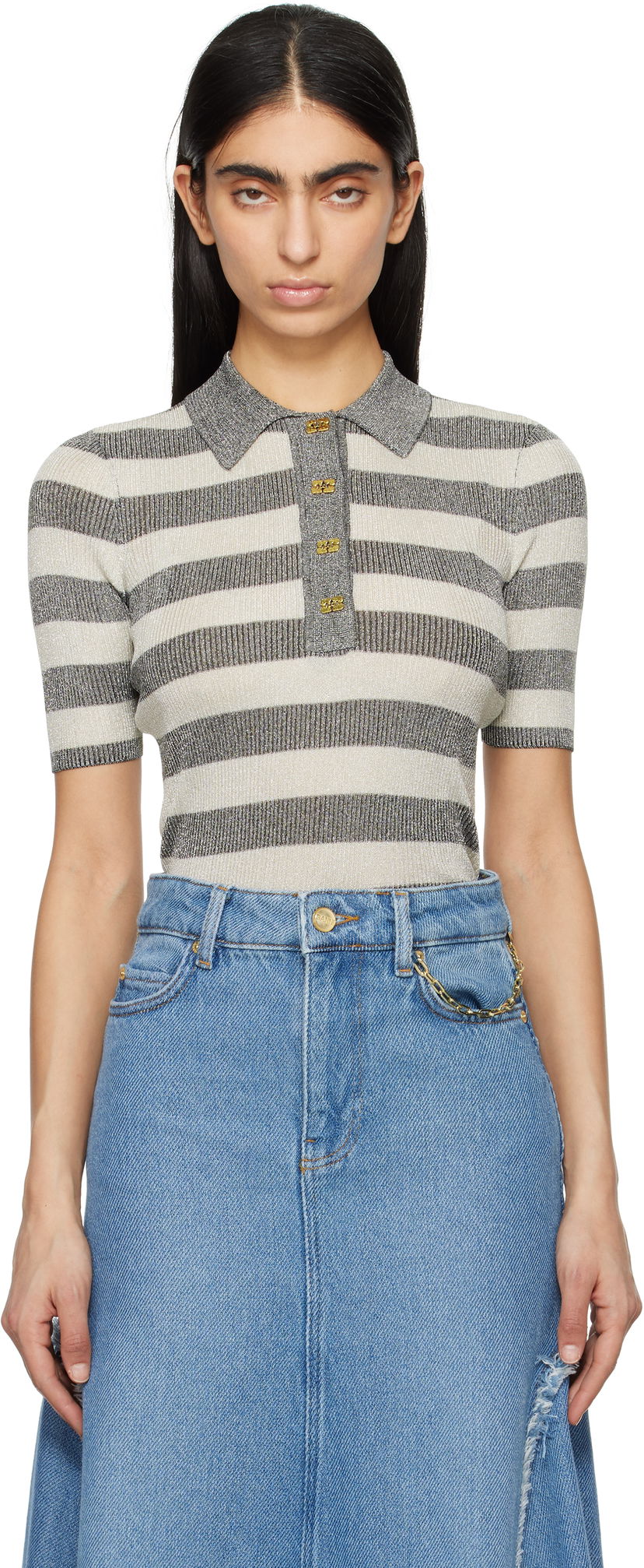 Villapaita GANNI GANNI Sparkle Rib Knit Striped Polo Harmaa | K2482