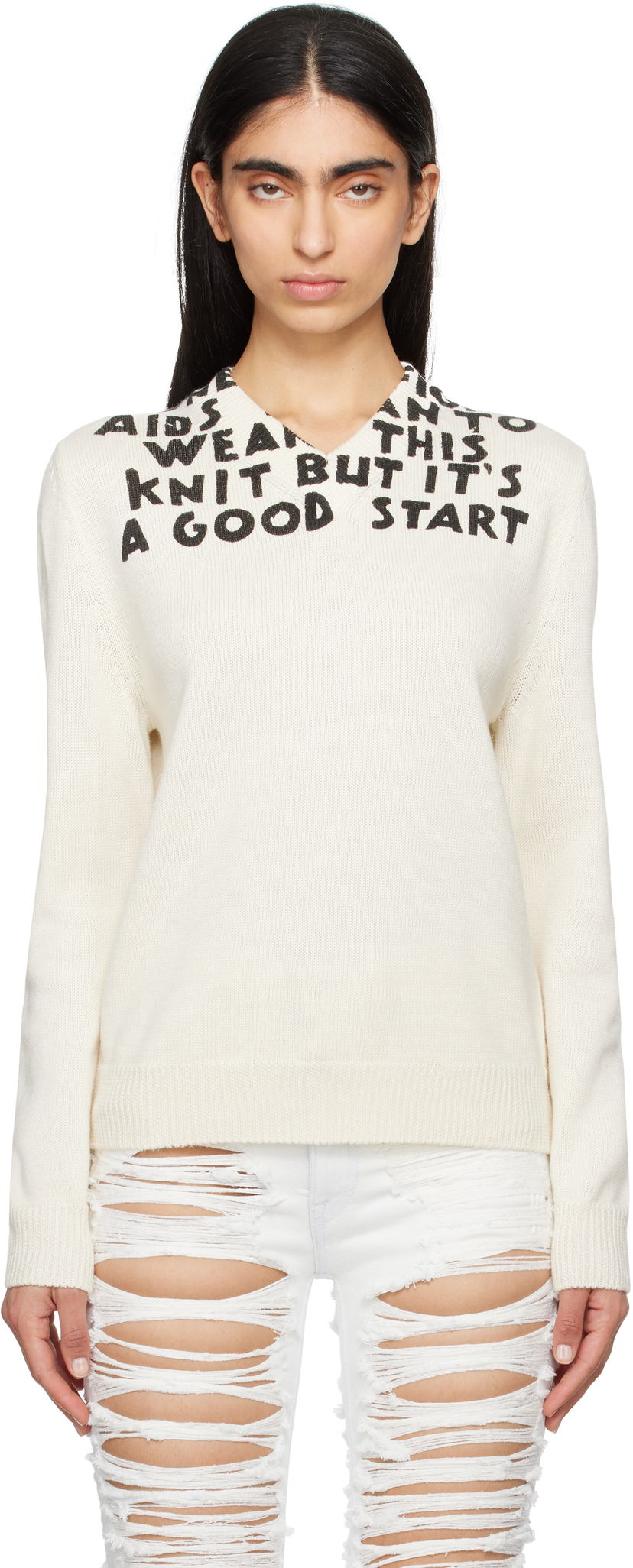 Villapaita Maison Margiela MM6 Maison Margiela SIDA Print V-Neck Sweater Valkoinen | S62HN0005 M13122