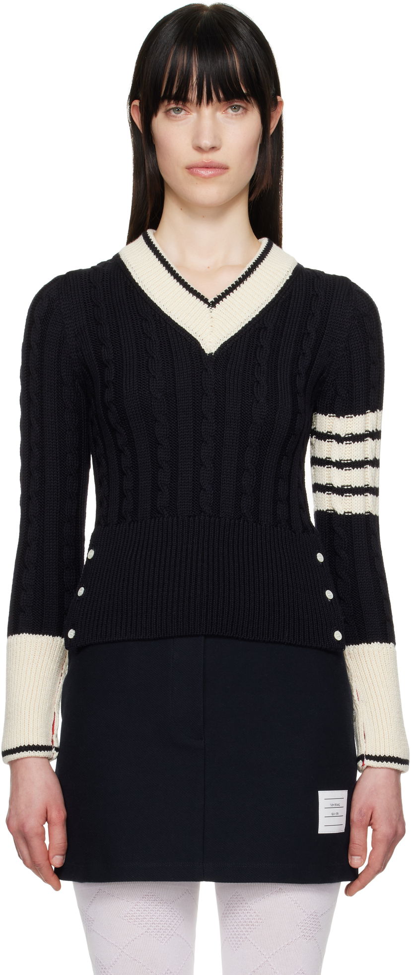 Villapaita Thom Browne Thom Browne Classic Merino Wool V-Neck Sweater Tummansininen | FKA484A-Y1024