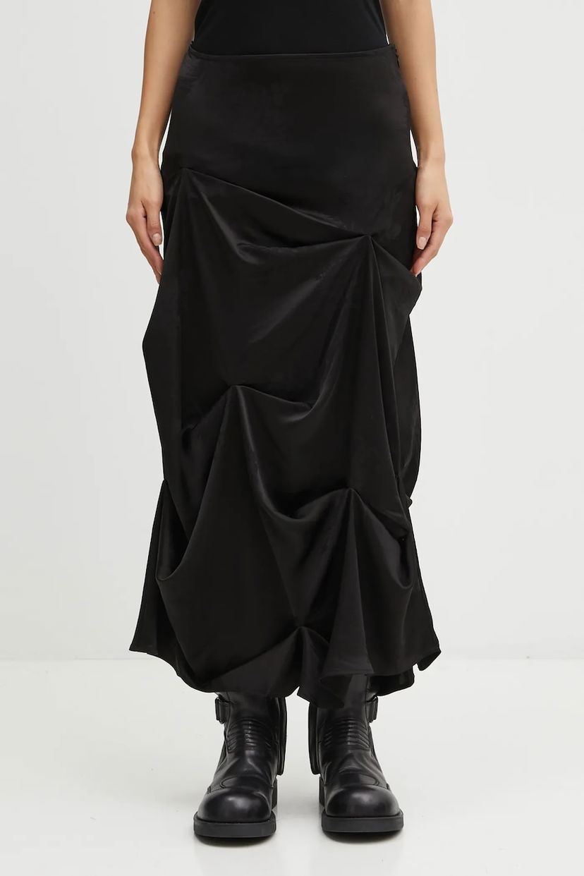 Hame GANNI Fluid Satin Jacquard Tuck Detail Long Midi Skirt Musta | W0997