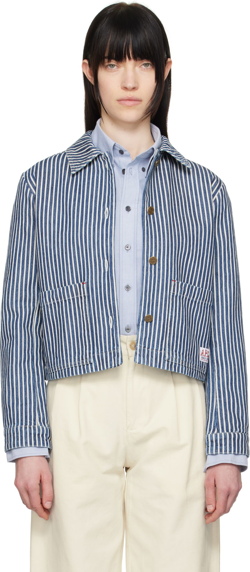 Takki A.P.C. A.P.C. Frida Striped Cropped Denim Jacket Sininen | COHHG-F32006
