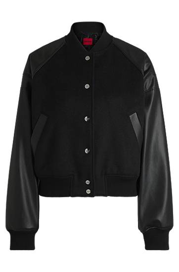 Bomber-takki BOSS Cropped Bomber Jacket with Faux Leather Sleeves Musta | 50529951