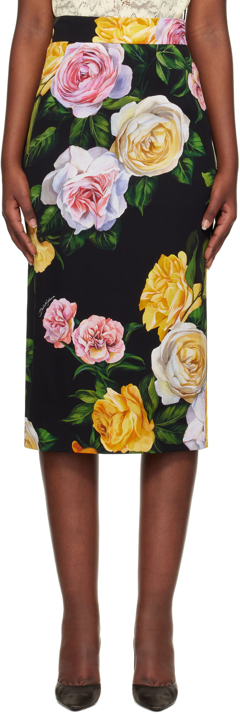 Hame Dolce & Gabbana Dolce&Gabbana Peony & Rose-Print Midi Skirt Musta | F4B6UT FSA7B