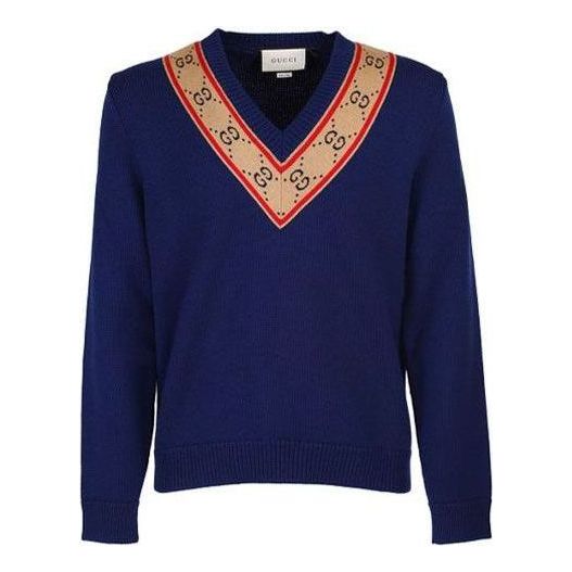 Villapaita Gucci GG V-Neck Wool Sweater Sininen | 577089-XKAUO-4912