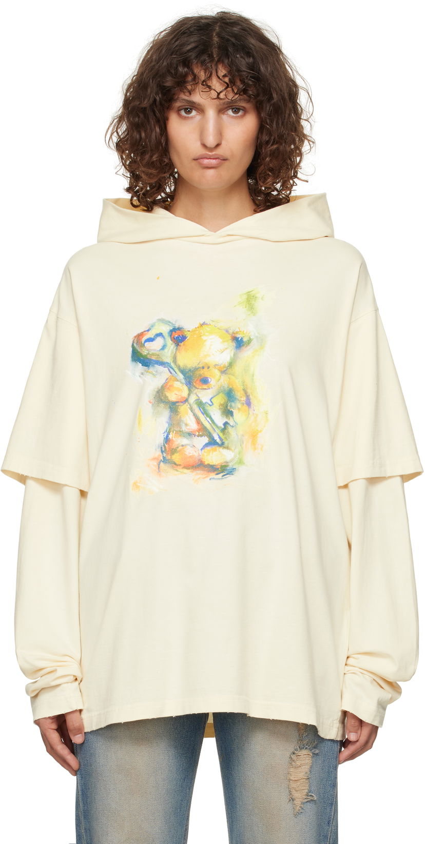 Huppari We11done We11done Layered Teddy Bear Hoodie Beige | WD-TH3-24-844-U-BG