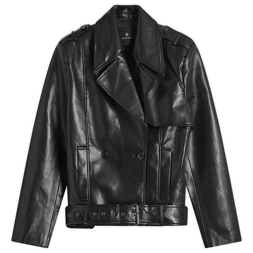 Bomber-takki Anine Bing Black Cropped Leather Jacket with Belt Musta | A-01-10451-000