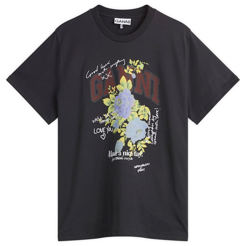 T-paita GANNI GANNI Rose Logo Graphic T-Shirt, Size Large Musta | T4342-252