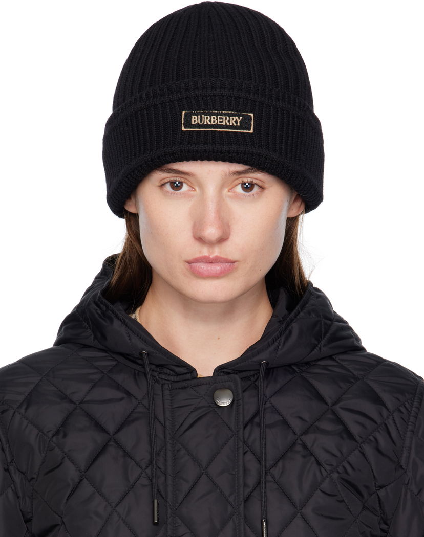 Pipo Burberry Wool Beanie with Logo Patch Musta | 8103340