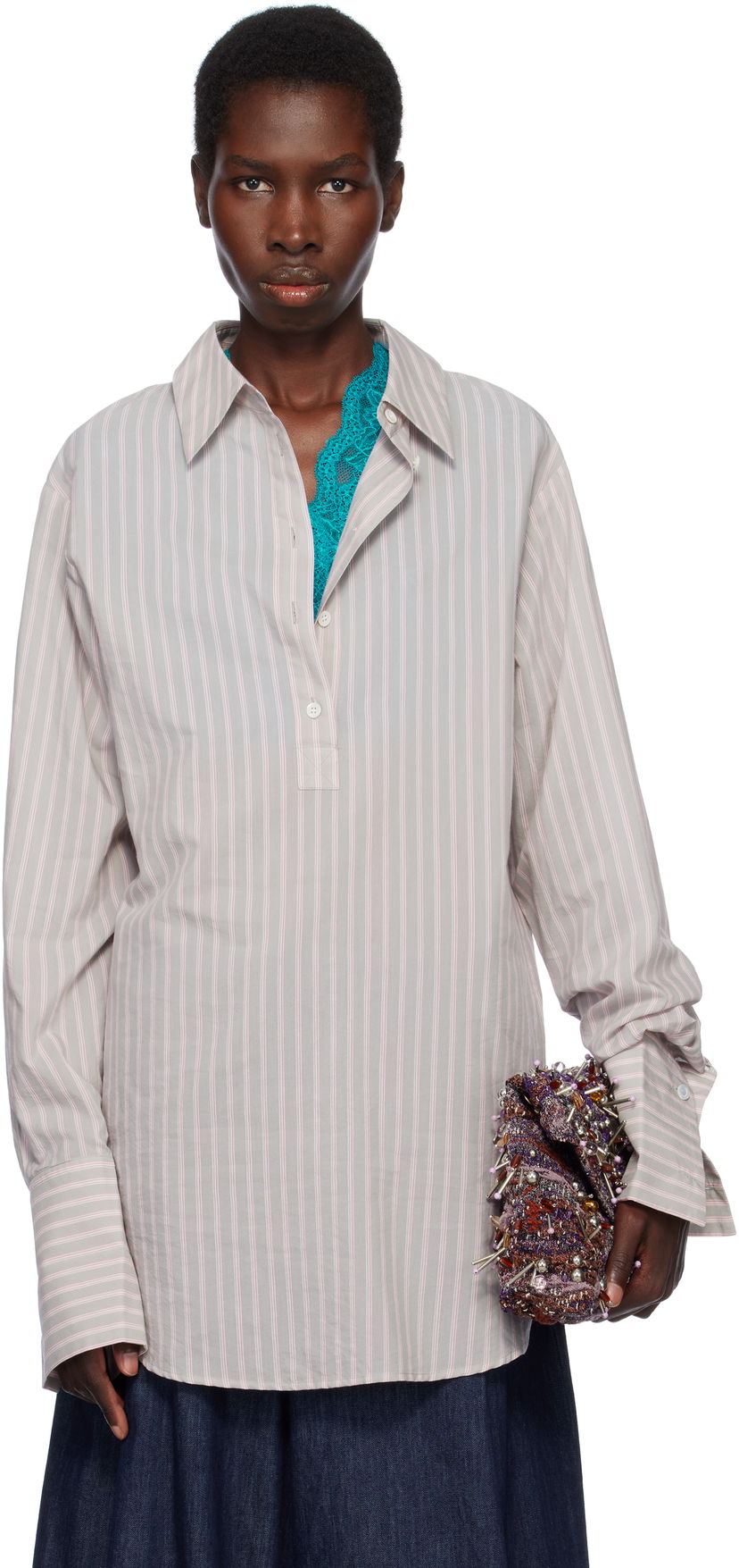 Paita Dries Van Noten Dries Van Noten Striped Popover Shirt Harmaa | 251-010734-1524