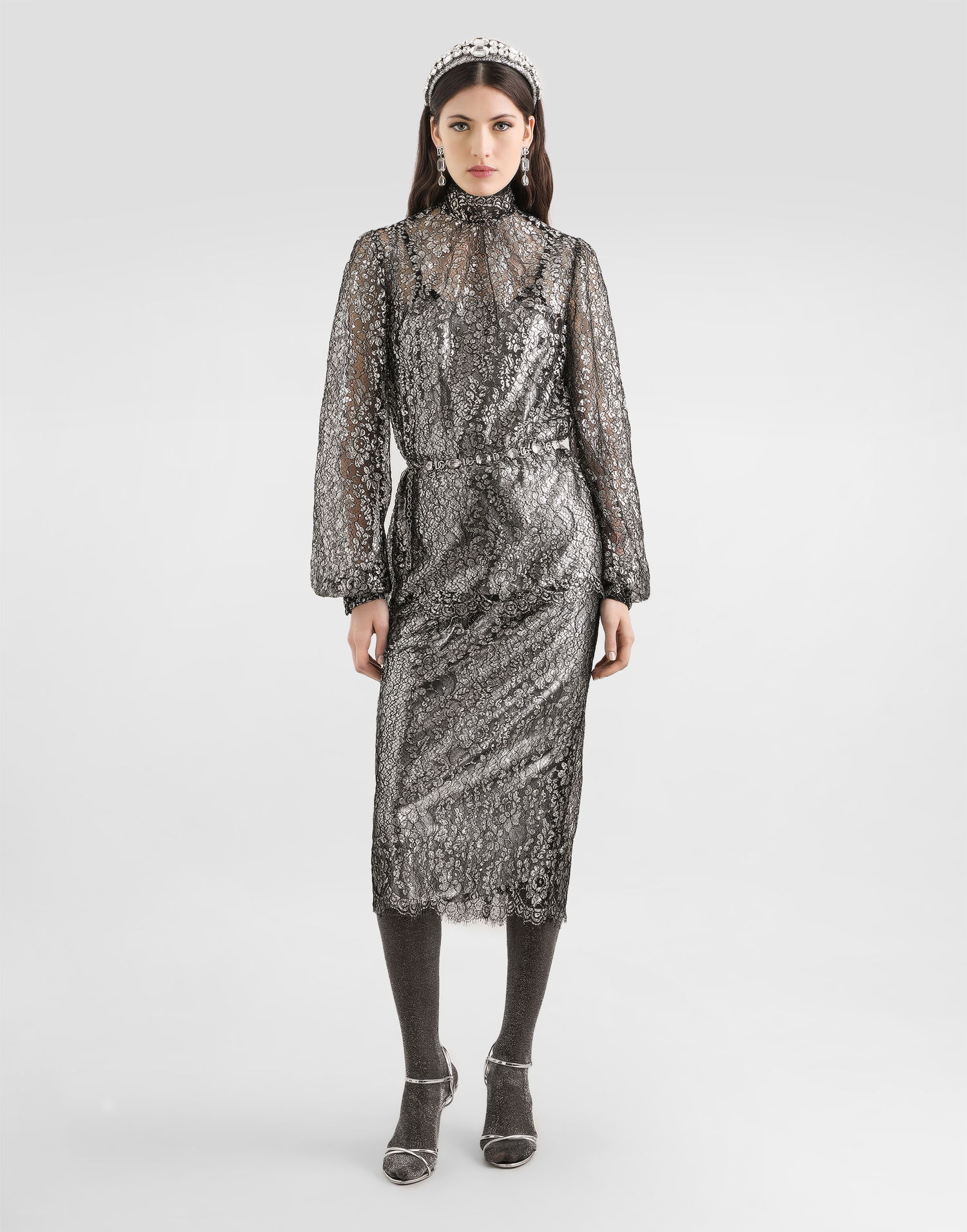 Paita Dolce & Gabbana High-neck Long-sleeve Lamé Lace Top with Scalloped Hem, Collection Metallinen | F7BD7TILMCFS0998, 1