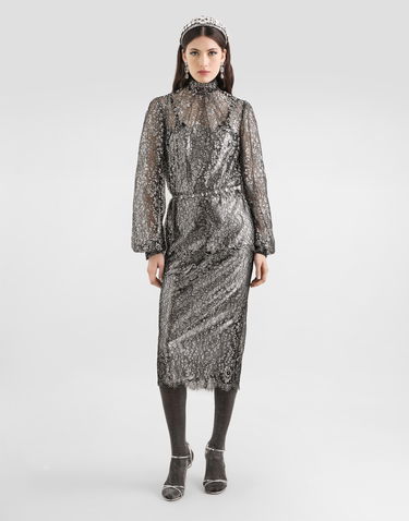Paita Dolce & Gabbana High-neck Long-sleeve Lamé Lace Top with Scalloped Hem, Collection Metallinen | F7BD7TILMCFS0998, 1