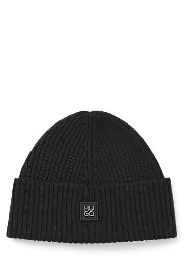 Pipo BOSS HUGO Virgin-Wool Beanie Hat with Stacked Logo Musta | 50527250