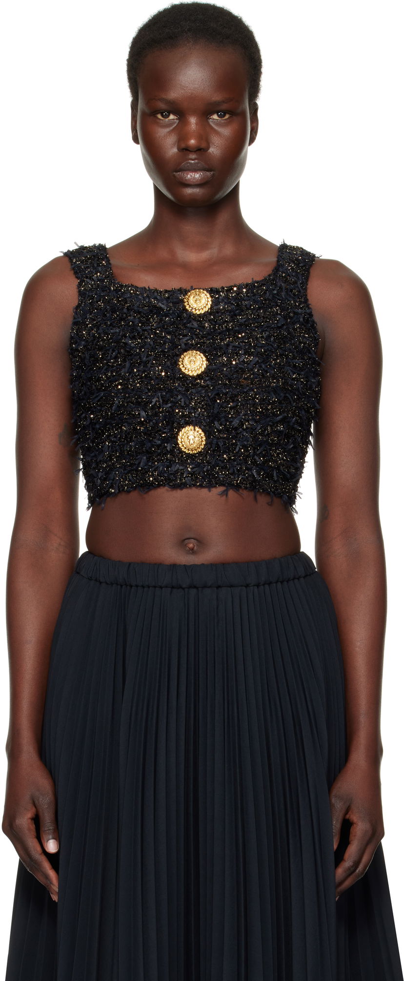 Hame Balmain Balmain Tweed Knit Crop Tank Top Musta | EF1AB053KB19