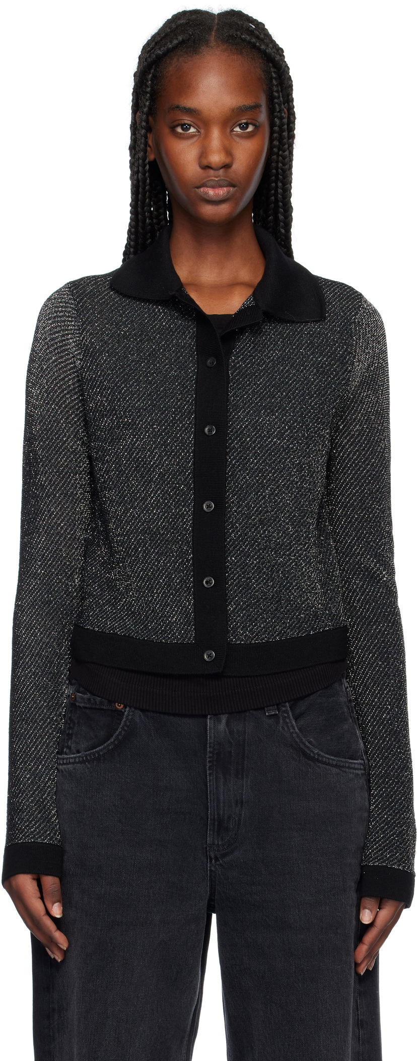 Villapaita RE/DONE Lurex Polo Cardigan Musta | 794-10WLXPCAR
